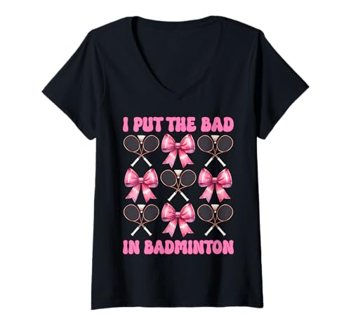 Damen I put the bad in Badminton Girl Mama Muttertag Kokette Bogen T-Shirt mit V-Ausschnitt Damen I put the bad in Badminton Girl Mama Muttertag Kokette Bogen T-Shirt mit V-Ausschnitt von Womens Pink Coquette Bow Badminton Player Gifts