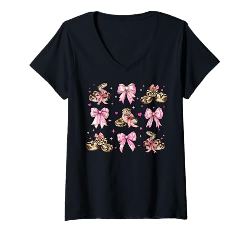 Damen Ball Python Snake Girl Kokette Schleife Rosa Mama T-Shirt mit V-Ausschnitt Damen Ball Python Snake Girl Kokette Schleife Rosa Mama T-Shirt mit V-Ausschnitt von Womens Pink Coquette Bow Ball Python Snake Gifts