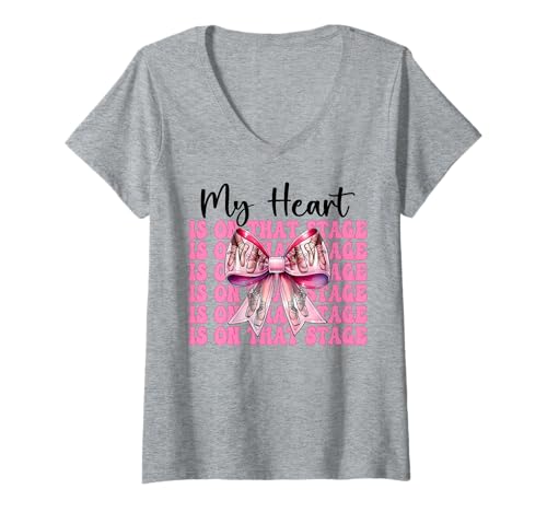 Damen Ballerina Girl Mom Ballett Dance My Heart Is On That Stage T-Shirt mit V-Ausschnitt von Womens Pink Coquette Bow Ballerina Ballet Gifts