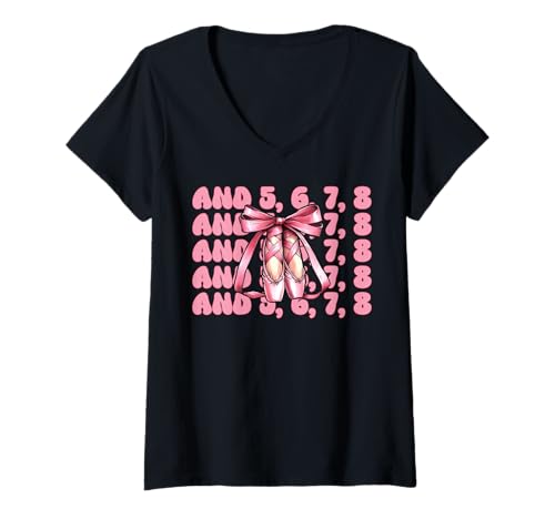 Damen Ballerina Mädchen Ballett Tänzerin Pink und 5, 6, 7, 8 T-Shirt mit V-Ausschnitt von Womens Pink Coquette Bow Ballerina Ballet Gifts