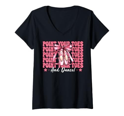 Damen Ballerina Mädchen Balletttänzerin Zeigen Sie Ihre Zehen und tanzen T-Shirt mit V-Ausschnitt Damen Ballerina Mädchen Balletttänzerin Zeigen Sie Ihre Zehen und tanzen T-Shirt mit V-Ausschnitt von Womens Pink Coquette Bow Ballerina Ballet Gifts
