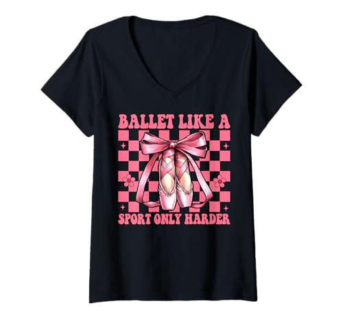 Damen Ballett wie ein Sport Ballerina Mädchen Balletttänzerin Tänzerin T-Shirt mit V-Ausschnitt Damen Ballett wie ein Sport Ballerina Mädchen Balletttänzerin Tänzerin T-Shirt mit V-Ausschnitt von Womens Pink Coquette Bow Ballerina Ballet Gifts