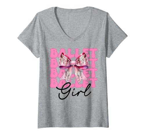 Damen Ballettmädchen Ballerina Mädchen Ballett Tanztänzerin T-Shirt mit V-Ausschnitt von Womens Pink Coquette Bow Ballerina Ballet Gifts