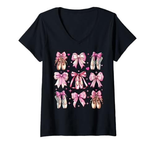 Damen Ballett Tanz Ballerina Tänzerin Mädchen Kokette Schleife Rosa Mama T-Shirt mit V-Ausschnitt Damen Ballett Tanz Ballerina Tänzerin Mädchen Kokette Schleife Rosa Mama T-Shirt mit V-Ausschnitt von Womens Pink Coquette Bow Ballet Dance Gifts