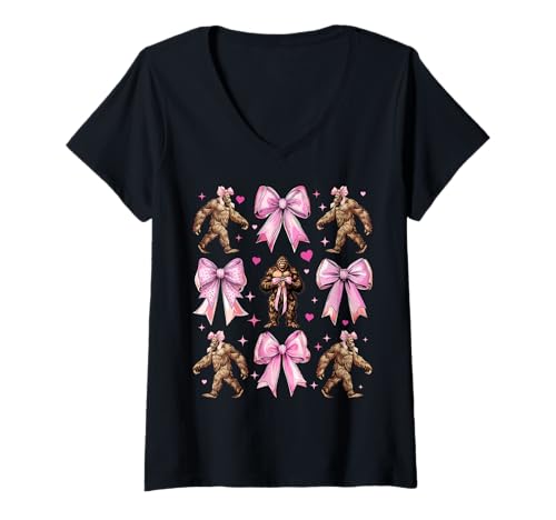 Damen Bigfoot Sasquatch Yeti Girl Kokette Schleife Rosa Mama T-Shirt mit V-Ausschnitt Damen Bigfoot Sasquatch Yeti Girl Kokette Schleife Rosa Mama T-Shirt mit V-Ausschnitt von Womens Pink Coquette Bow Bigfoot Sasquatch Gifts
