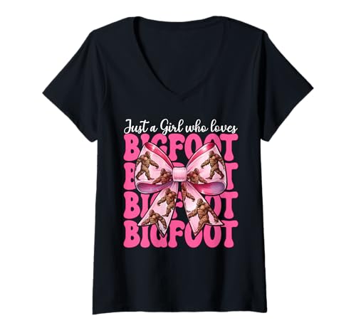 Damen Just A Girl Who Loves Bigfoot Sasquatch Kokettschleife T-Shirt mit V-Ausschnitt Damen Just A Girl Who Loves Bigfoot Sasquatch Kokettschleife T-Shirt mit V-Ausschnitt von Womens Pink Coquette Bow Bigfoot Sasquatch Gifts