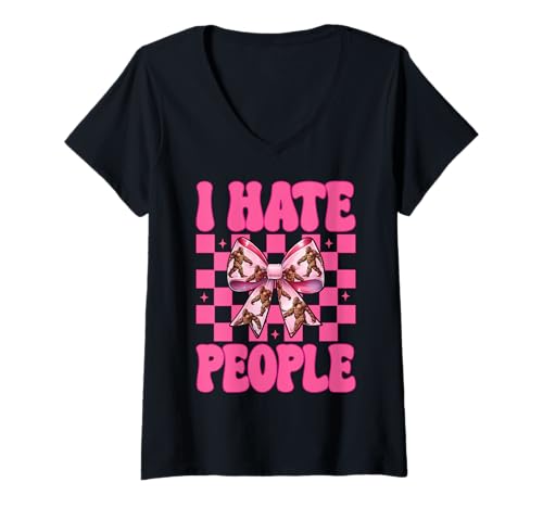 Damen Lustiger Bigfoot Sasquatch Girl Mom Coquette Bow I Hate People T-Shirt mit V-Ausschnitt Damen Lustiger Bigfoot Sasquatch Girl Mom Coquette Bow I Hate People T-Shirt mit V-Ausschnitt von Womens Pink Coquette Bow Bigfoot Sasquatch Gifts