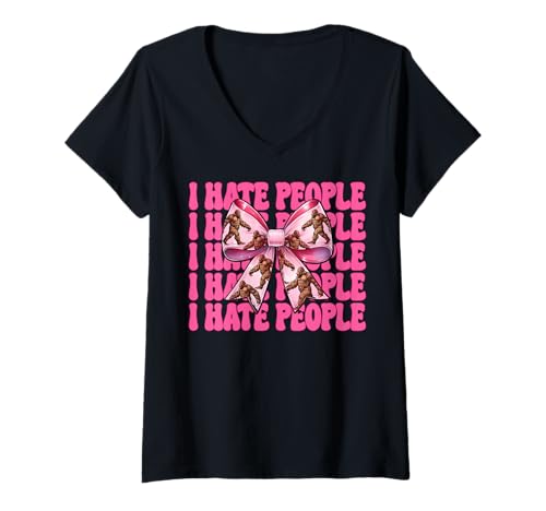 Damen Lustiger Bigfoot Sasquatch Girl Mom Coquette Bow I Hate People T-Shirt mit V-Ausschnitt Damen Lustiger Bigfoot Sasquatch Girl Mom Coquette Bow I Hate People T-Shirt mit V-Ausschnitt von Womens Pink Coquette Bow Bigfoot Sasquatch Gifts