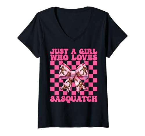 Damen Nur EIN Mädchen, das Sasquatch Bigfoot Coquette Bow liebt T-Shirt mit V-Ausschnitt von Womens Pink Coquette Bow Bigfoot Sasquatch Gifts