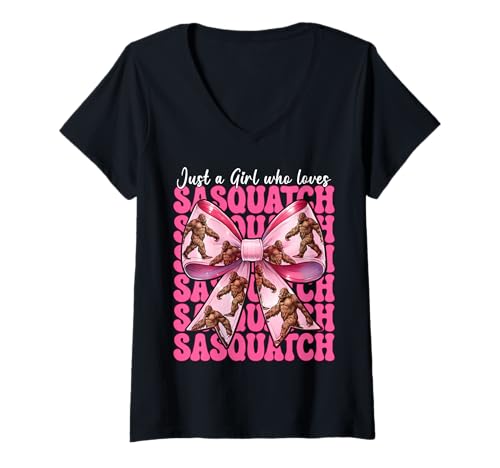 Damen Nur EIN Mädchen, das Sasquatch Bigfoot Coquette Bow liebt T-Shirt mit V-Ausschnitt von Womens Pink Coquette Bow Bigfoot Sasquatch Gifts