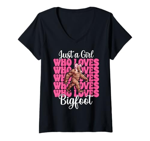 Damen Nur ein Mädchen, das Bigfoot liebt, lustige Sasquatch Girl Mom T-Shirt mit V-Ausschnitt Damen Nur ein Mädchen, das Bigfoot liebt, lustige Sasquatch Girl Mom T-Shirt mit V-Ausschnitt von Womens Pink Coquette Bow Bigfoot Sasquatch Gifts