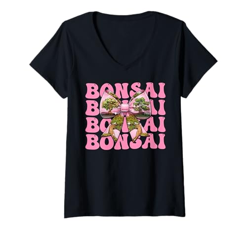 Damen Kokette Schleife Bonsai Baum Japanisches Zen-Mädchen Mutter Muttertag T-Shirt mit V-Ausschnitt von Womens Pink Coquette Bow Bonsai Japanese Gifts