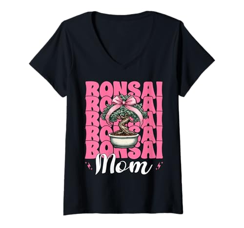 Damen Bonsai Mom Mama Tree Japanischer Zen Muttertag Kokette Schleife T-Shirt mit V-Ausschnitt von Womens Pink Coquette Bow Bonsai Tree Zen Gifts