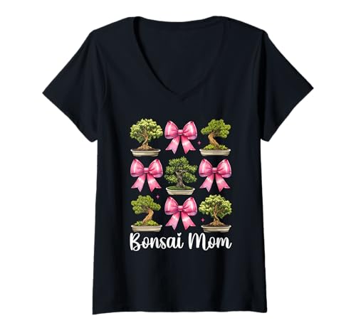 Damen Bonsai Mom Mama Tree Japanischer Zen Muttertag Kokette Schleife T-Shirt mit V-Ausschnitt von Womens Pink Coquette Bow Bonsai Tree Zen Gifts