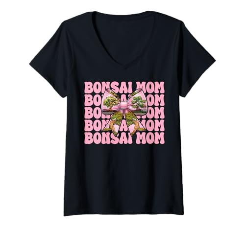 Damen Bonsai Mom Mama Tree Japanischer Zen Muttertag Kokette Schleife T-Shirt mit V-Ausschnitt von Womens Pink Coquette Bow Bonsai Tree Zen Gifts