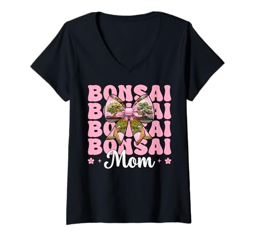 Damen Bonsai Mom Mama Tree Japanischer Zen Muttertag Kokette Schleife T-Shirt mit V-Ausschnitt von Womens Pink Coquette Bow Bonsai Tree Zen Gifts