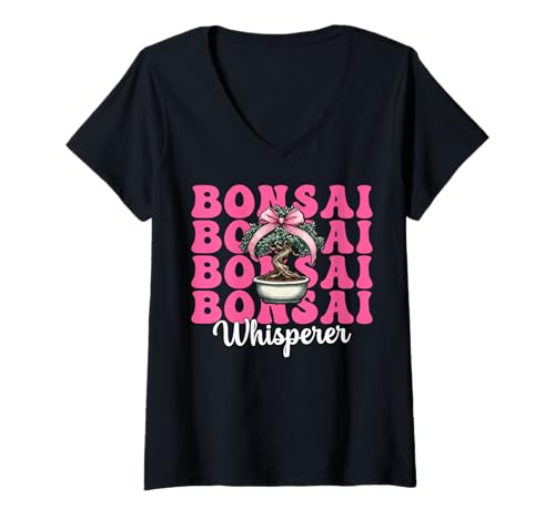 Damen Bonsai Whisperer Tree Japanisches Zen Girl Mom Kokette Bogen T-Shirt mit V-Ausschnitt von Womens Pink Coquette Bow Bonsai Tree Zen Gifts