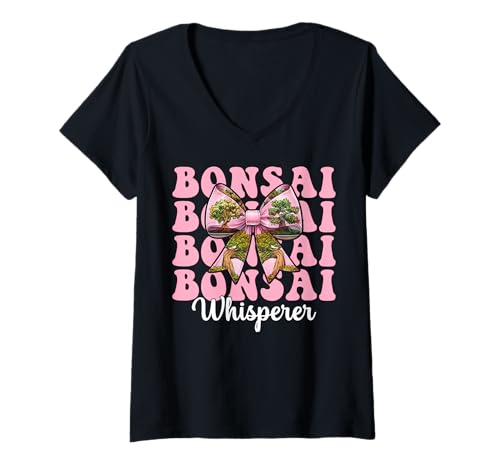Damen Bonsai Whisperer Tree Japanisches Zen Girl Mom Kokette Bogen T-Shirt mit V-Ausschnitt von Womens Pink Coquette Bow Bonsai Tree Zen Gifts