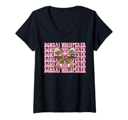 Damen Bonsai Whisperer Tree Japanisches Zen Girl Mom Kokette Bogen T-Shirt mit V-Ausschnitt von Womens Pink Coquette Bow Bonsai Tree Zen Gifts