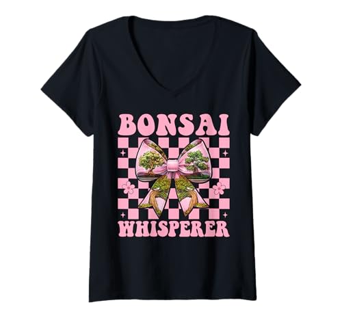 Damen Bonsai Whisperer Tree Japanisches Zen Girl Mom Kokette Bogen T-Shirt mit V-Ausschnitt von Womens Pink Coquette Bow Bonsai Tree Zen Gifts