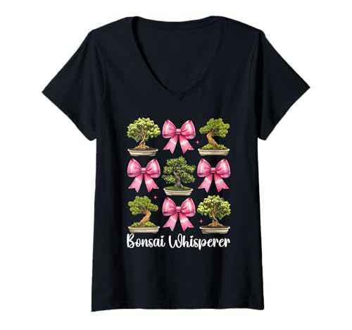 Damen Bonsai Whisperer Tree Japanisches Zen Girl Mom Kokette Bogen T-Shirt mit V-Ausschnitt von Womens Pink Coquette Bow Bonsai Tree Zen Gifts