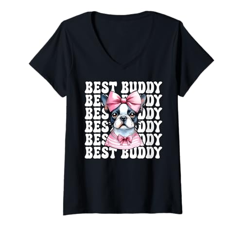 Damen Best Buddy Boston Terrier, Bostie, Hund, Mädchen, Mama, Kokettenbogen T-Shirt mit V-Ausschnitt Damen Best Buddy Boston Terrier, Bostie, Hund, Mädchen, Mama, Kokettenbogen T-Shirt mit V-Ausschnitt von Womens Pink Coquette Bow Boston Terrier Dog Gifts