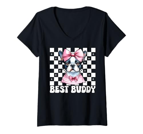 Damen Best Buddy Boston Terrier, Bostie, Hund, Mädchen, Mama, Kokettenbogen T-Shirt mit V-Ausschnitt Damen Best Buddy Boston Terrier, Bostie, Hund, Mädchen, Mama, Kokettenbogen T-Shirt mit V-Ausschnitt von Womens Pink Coquette Bow Boston Terrier Dog Gifts