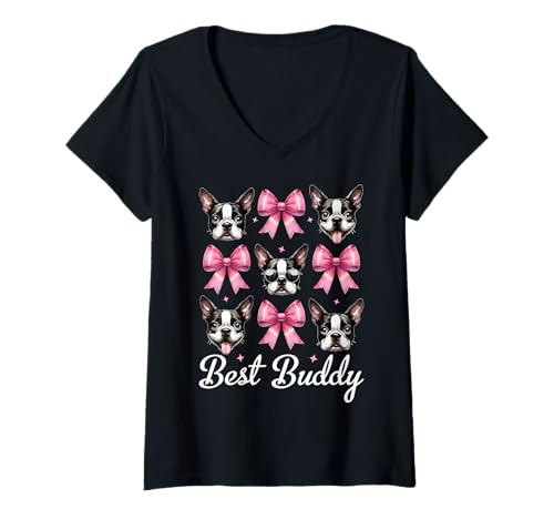 Damen Best Buddy Boston Terrier, Bostie, Hund, Mädchen, Mama, Kokettenbogen T-Shirt mit V-Ausschnitt Damen Best Buddy Boston Terrier, Bostie, Hund, Mädchen, Mama, Kokettenbogen T-Shirt mit V-Ausschnitt von Womens Pink Coquette Bow Boston Terrier Dog Gifts