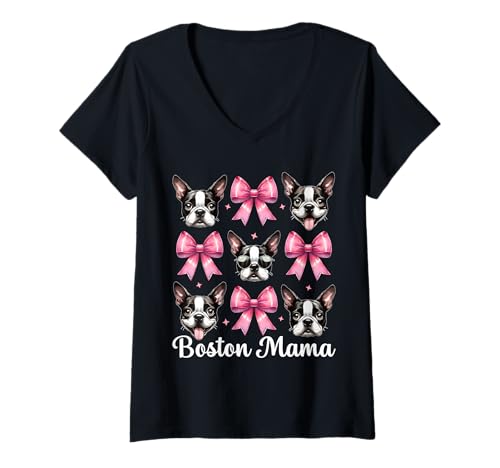 Damen Boston Mama Boston Terrier Mama Bostie Hund Muttertag T-Shirt mit V-Ausschnitt Damen Boston Mama Boston Terrier Mama Bostie Hund Muttertag T-Shirt mit V-Ausschnitt von Womens Pink Coquette Bow Boston Terrier Dog Gifts