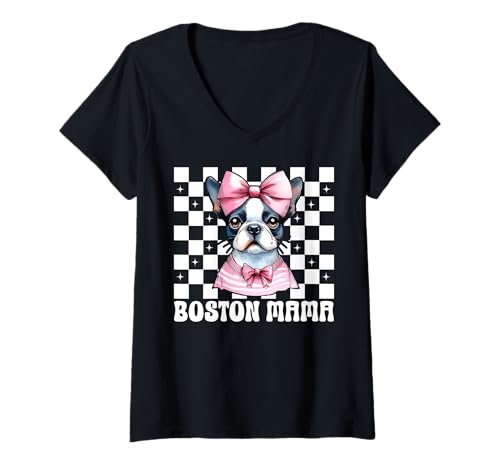 Damen Boston Mama Boston Terrier Mom Bostie Hundeschleife T-Shirt mit V-Ausschnitt Damen Boston Mama Boston Terrier Mom Bostie Hundeschleife T-Shirt mit V-Ausschnitt von Womens Pink Coquette Bow Boston Terrier Dog Gifts