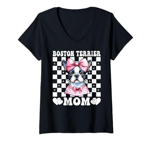 Damen Boston Terrier Mom Mama Bostie Hund Muttertag Kokette Schleife T-Shirt mit V-Ausschnitt Damen Boston Terrier Mom Mama Bostie Hund Muttertag Kokette Schleife T-Shirt mit V-Ausschnitt von Womens Pink Coquette Bow Boston Terrier Dog Gifts
