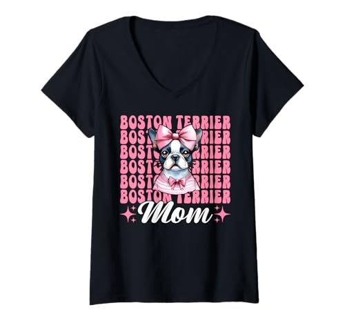 Damen Boston Terrier Mom Mama Bostie Hund Muttertag Kokette Schleife T-Shirt mit V-Ausschnitt Damen Boston Terrier Mom Mama Bostie Hund Muttertag Kokette Schleife T-Shirt mit V-Ausschnitt von Womens Pink Coquette Bow Boston Terrier Dog Gifts
