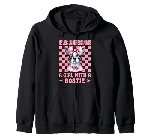 Unterschätzen Sie Niemals EIN Mädchen mit einem Bostie Boston Terrier Kapuzenjacke Unterschätzen Sie Niemals EIN Mädchen mit einem Bostie Boston Terrier Kapuzenjacke von Womens Pink Coquette Bow Boston Terrier Dog Gifts