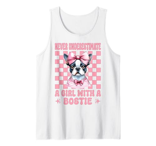 Unterschätzen Sie Niemals EIN Mädchen mit einem Bostie Boston Terrier Tank Top von Womens Pink Coquette Bow Boston Terrier Dog Gifts