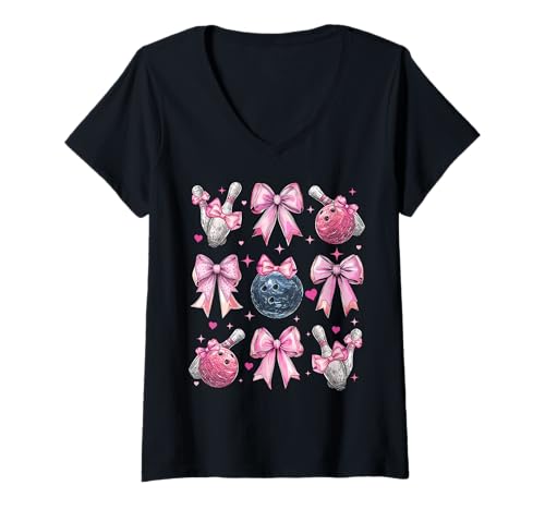 Damen Bowlingnadel Mädchen Kokette Schleife Rosa Mama T-Shirt mit V-Ausschnitt Damen Bowlingnadel Mädchen Kokette Schleife Rosa Mama T-Shirt mit V-Ausschnitt von Womens Pink Coquette Bow Bowling Player Gifts