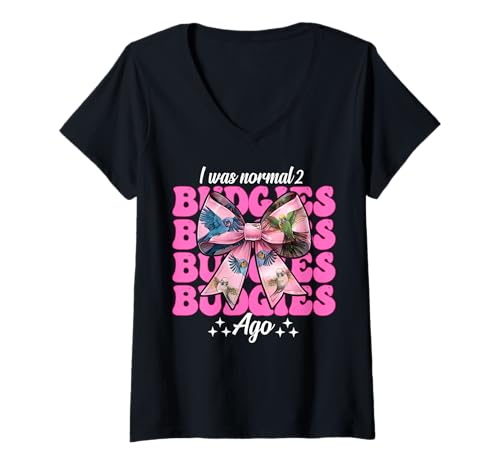 Damen I was Normal 2 Wellensittiche Ago Wellensittich Papagei Mädchen Mama T-Shirt mit V-Ausschnitt von Womens Pink Coquette Bow Budgie Budgerigar Gifts