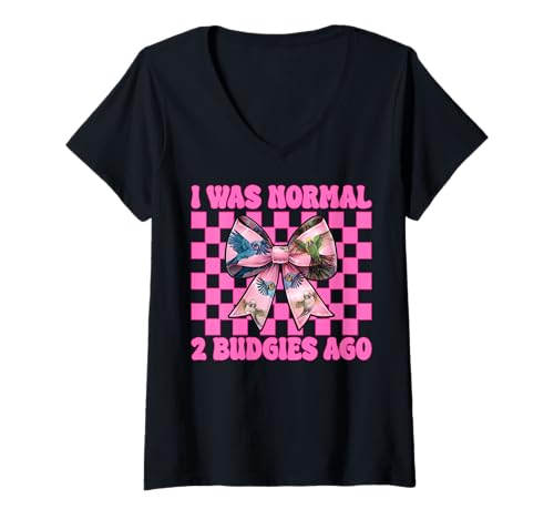 Damen I was Normal 2 Wellensittiche Ago Wellensittich Papagei Mädchen Mama T-Shirt mit V-Ausschnitt von Womens Pink Coquette Bow Budgie Budgerigar Gifts