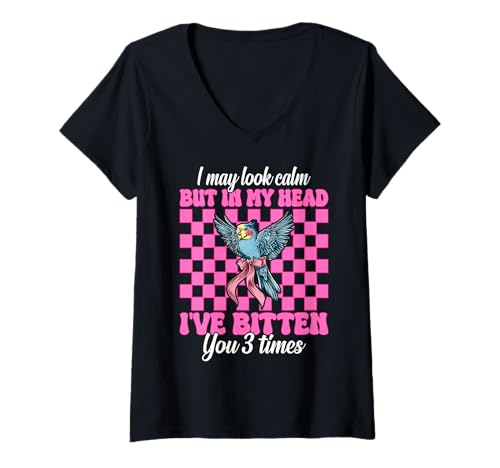 Damen Wellensittich Mädchen Wellensittich Papagei I May Look Calm But In My Head T-Shirt mit V-Ausschnitt von Womens Pink Coquette Bow Budgie Budgerigar Gifts