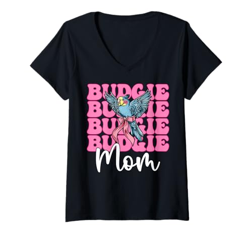 Damen Wellensittich Mama Wellensittich Papagei Muttertag Kokette Schleife T-Shirt mit V-Ausschnitt Damen Wellensittich Mama Wellensittich Papagei Muttertag Kokette Schleife T-Shirt mit V-Ausschnitt von Womens Pink Coquette Bow Budgie Budgerigar Gifts