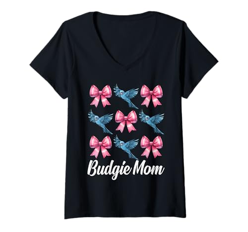 Damen Wellensittich Mama Wellensittich Papagei Muttertag Kokette Schleife T-Shirt mit V-Ausschnitt Damen Wellensittich Mama Wellensittich Papagei Muttertag Kokette Schleife T-Shirt mit V-Ausschnitt von Womens Pink Coquette Bow Budgie Budgerigar Gifts