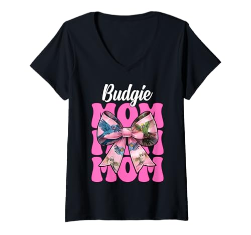 Damen Wellensittich Mama Wellensittich Papagei Muttertag Kokette Schleife T-Shirt mit V-Ausschnitt Damen Wellensittich Mama Wellensittich Papagei Muttertag Kokette Schleife T-Shirt mit V-Ausschnitt von Womens Pink Coquette Bow Budgie Budgerigar Gifts