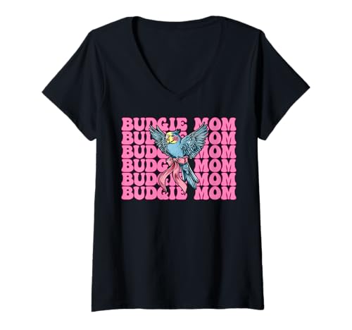 Damen Wellensittich Mama Wellensittich Papagei Muttertag Kokette Schleife T-Shirt mit V-Ausschnitt Damen Wellensittich Mama Wellensittich Papagei Muttertag Kokette Schleife T-Shirt mit V-Ausschnitt von Womens Pink Coquette Bow Budgie Budgerigar Gifts