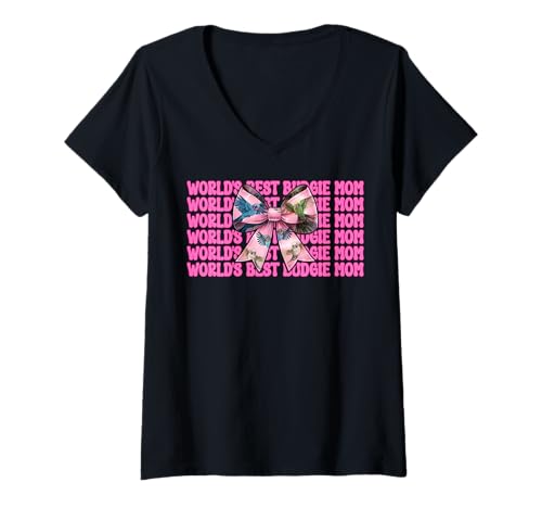 Damen World's Best Wellensittich Mama Wellensittich Papagei Muttertag T-Shirt mit V-Ausschnitt von Womens Pink Coquette Bow Budgie Budgerigar Gifts