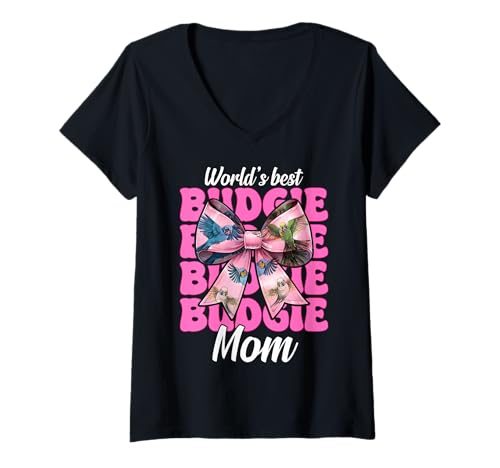 Damen World's Best Wellensittich Mama Wellensittich Papagei Muttertag T-Shirt mit V-Ausschnitt Damen World's Best Wellensittich Mama Wellensittich Papagei Muttertag T-Shirt mit V-Ausschnitt von Womens Pink Coquette Bow Budgie Budgerigar Gifts
