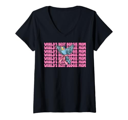 Damen World's Best Wellensittich Mama Wellensittich Papagei Muttertag T-Shirt mit V-Ausschnitt Damen World's Best Wellensittich Mama Wellensittich Papagei Muttertag T-Shirt mit V-Ausschnitt von Womens Pink Coquette Bow Budgie Budgerigar Gifts