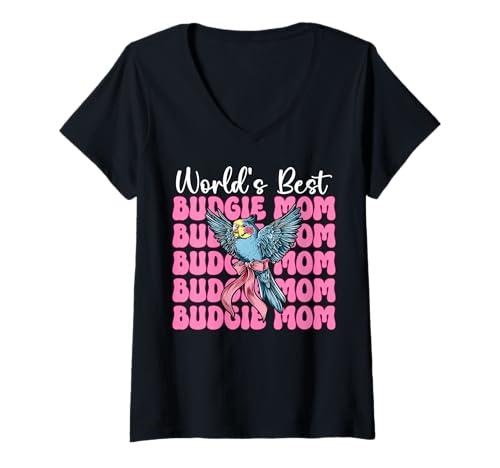 Damen World's Best Wellensittich Mama Wellensittich Papagei Muttertag T-Shirt mit V-Ausschnitt Damen World's Best Wellensittich Mama Wellensittich Papagei Muttertag T-Shirt mit V-Ausschnitt von Womens Pink Coquette Bow Budgie Budgerigar Gifts