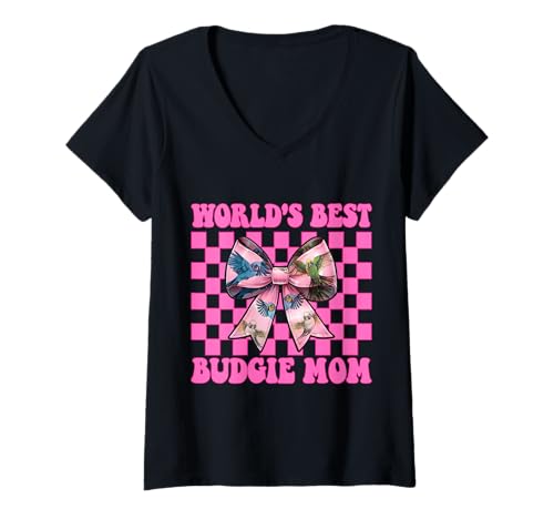 Damen World's Best Wellensittich Mama Wellensittich Papagei Muttertag T-Shirt mit V-Ausschnitt Damen World's Best Wellensittich Mama Wellensittich Papagei Muttertag T-Shirt mit V-Ausschnitt von Womens Pink Coquette Bow Budgie Budgerigar Gifts