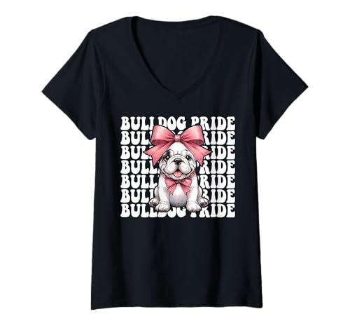 Damen Bulldog Pride Kokettenbogen für Mädchen, Bulldogge, Mama T-Shirt mit V-Ausschnitt Damen Bulldog Pride Kokettenbogen für Mädchen, Bulldogge, Mama T-Shirt mit V-Ausschnitt von Womens Pink Coquette Bow Bulldog Dog Gifts