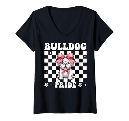 Damen Bulldog Pride Kokettenbogen für Mädchen, Bulldogge, Mama T-Shirt mit V-Ausschnitt Damen Bulldog Pride Kokettenbogen für Mädchen, Bulldogge, Mama T-Shirt mit V-Ausschnitt von Womens Pink Coquette Bow Bulldog Dog Gifts