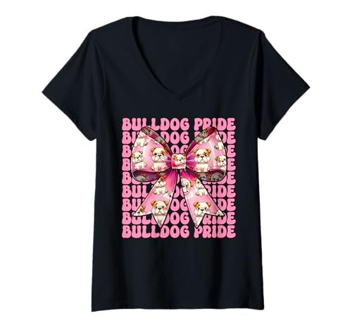 Damen Bulldog Pride Kokettenbogen für Mädchen, Bulldogge, Mama T-Shirt mit V-Ausschnitt Damen Bulldog Pride Kokettenbogen für Mädchen, Bulldogge, Mama T-Shirt mit V-Ausschnitt von Womens Pink Coquette Bow Bulldog Dog Gifts